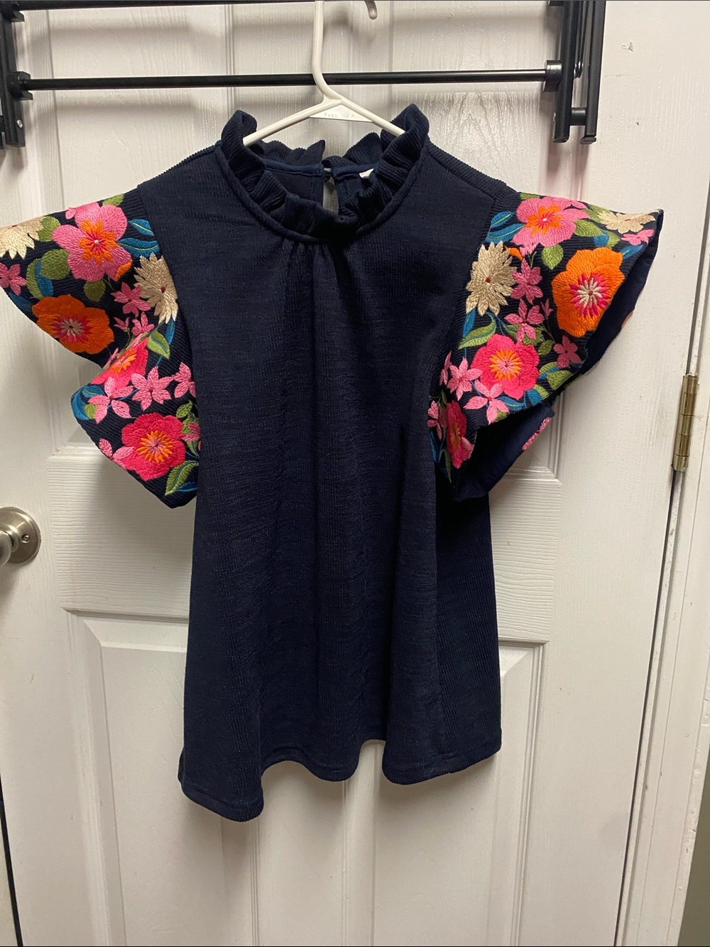 THML Brand Navy Floral Embroidered Flutter Sleeve Top